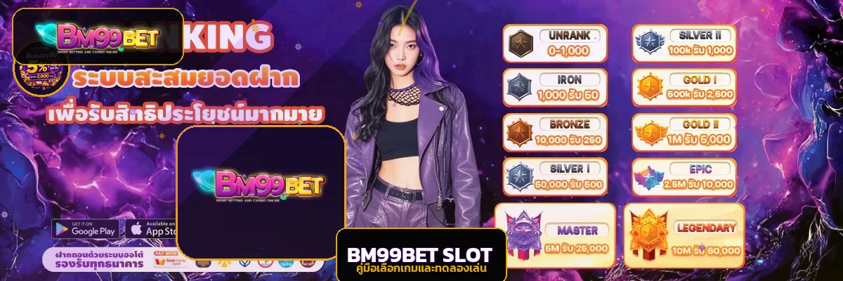 แบนเนอร์ BM99BET สล็อต PG Soft โทนม่วงทองพร้อมตัวละครเกม